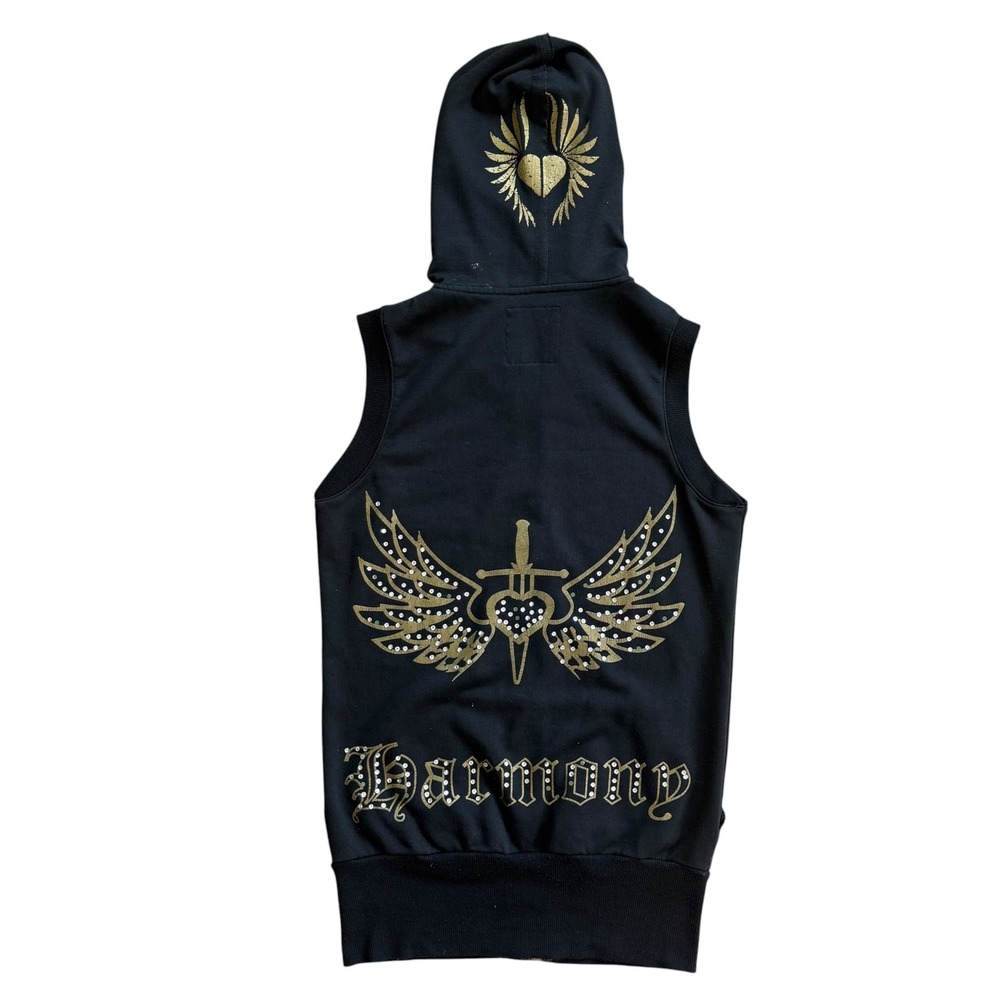 Love Stitch Black Sleeveless Hoodie Y2K Winged Dagger Rhinestone Harmony Large